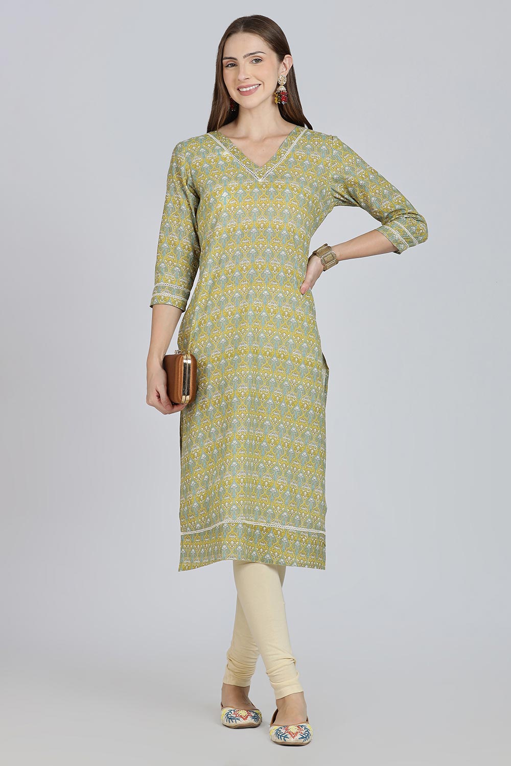 Mythri Women’s Cotton Straight Kurti | Geometric Floral Print V-Neck Kurta with Ladder Lace for Everyday Wear - Teal Green - K116