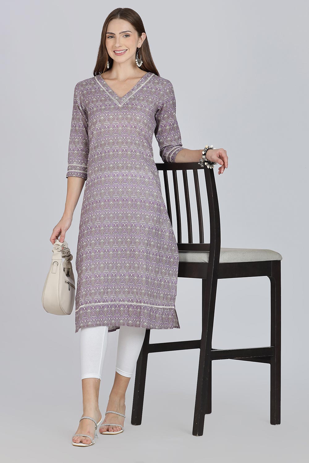 Mythri Women’s Cotton Straight Kurti | Geometric Floral Print V-Neck Kurta with Ladder Lace for Everyday Wear - Purple - K116