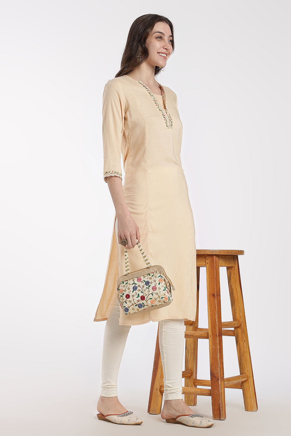 Mythri Women’s Rayon Embroidered Straight Kurti – V-Neck Scallop Edge Kurti for Women | Everyday Ethnic Kurti - RS02