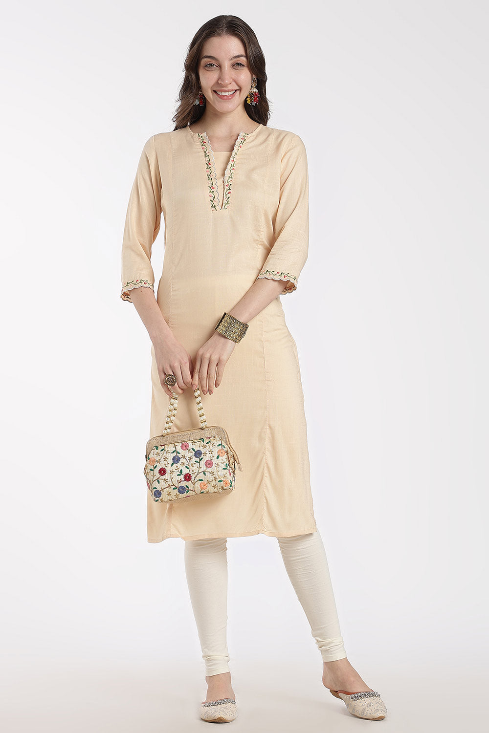 Mythri Women’s Rayon Embroidered Straight Kurti – V-Neck Scallop Edge Kurti for Women | Everyday Ethnic Kurti - RS02