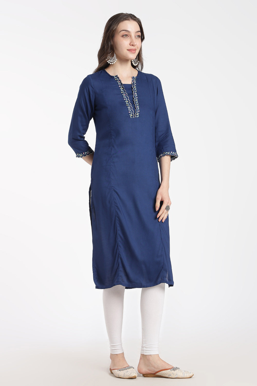 Mythri Women’s Rayon Embroidered Straight Kurti – V-Neck Scallop Edge Kurti for Women | Everyday Ethnic Kurti - RS02