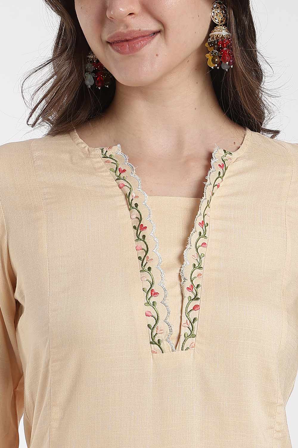 Mythri Women’s Rayon Embroidered Straight Kurti – V-Neck Scallop Edge Kurti for Women | Everyday Ethnic Kurti - RS02