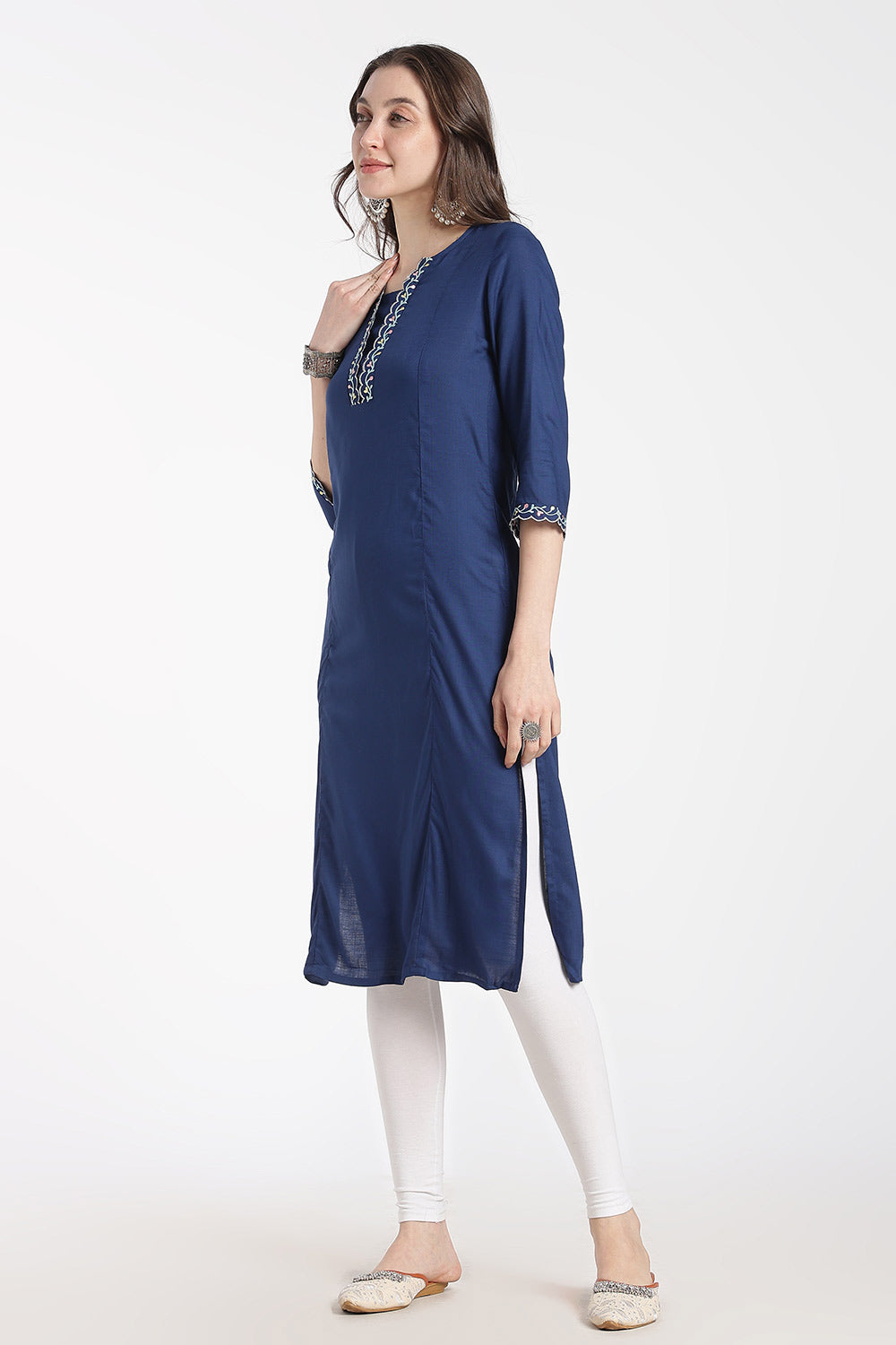 Mythri Women’s Rayon Embroidered Straight Kurti – V-Neck Scallop Edge Kurti for Women | Everyday Ethnic Kurti - RS02