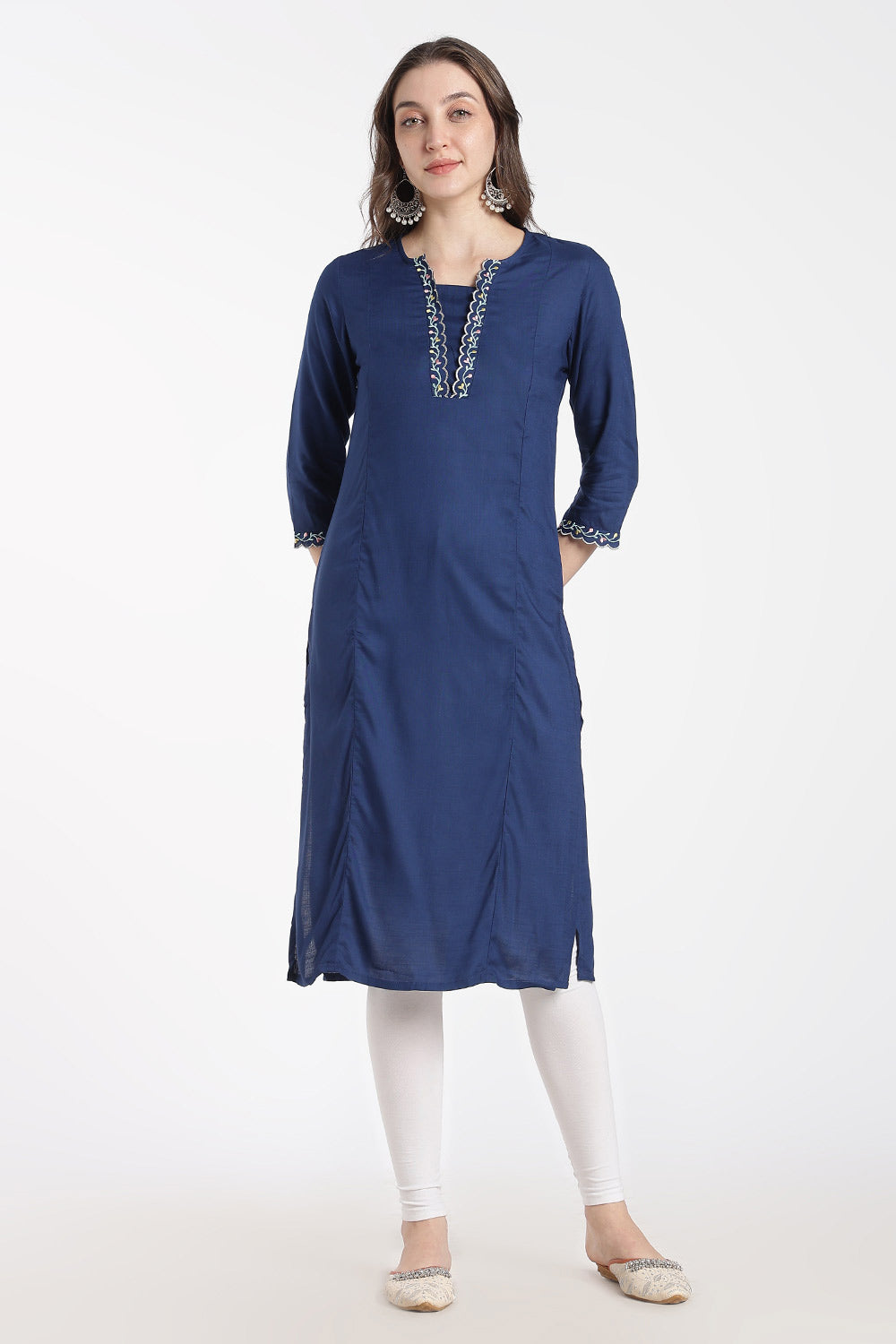 Mythri Women’s Rayon Embroidered Straight Kurti – V-Neck Scallop Edge Kurti for Women | Everyday Ethnic Kurti - RS02