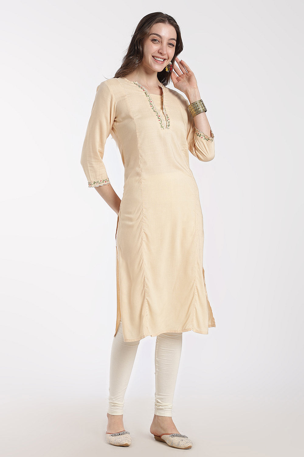 Mythri Women’s Rayon Embroidered Straight Kurti – V-Neck Scallop Edge Kurti for Women | Everyday Ethnic Kurti - RS02