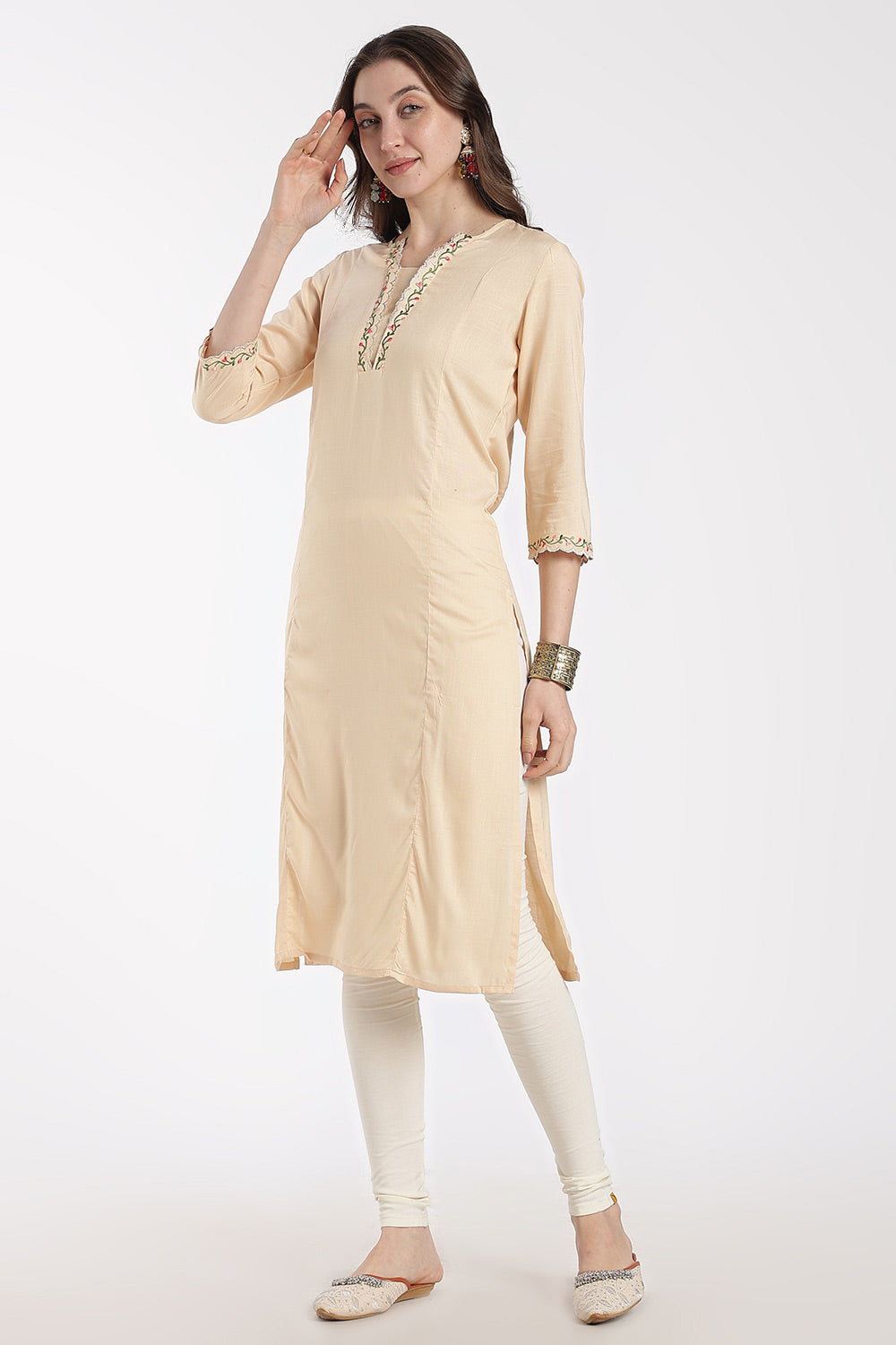 Mythri Women’s Rayon Embroidered Straight Kurti – V-Neck Scallop Edge Kurti for Women | Everyday Ethnic Kurti - RS02