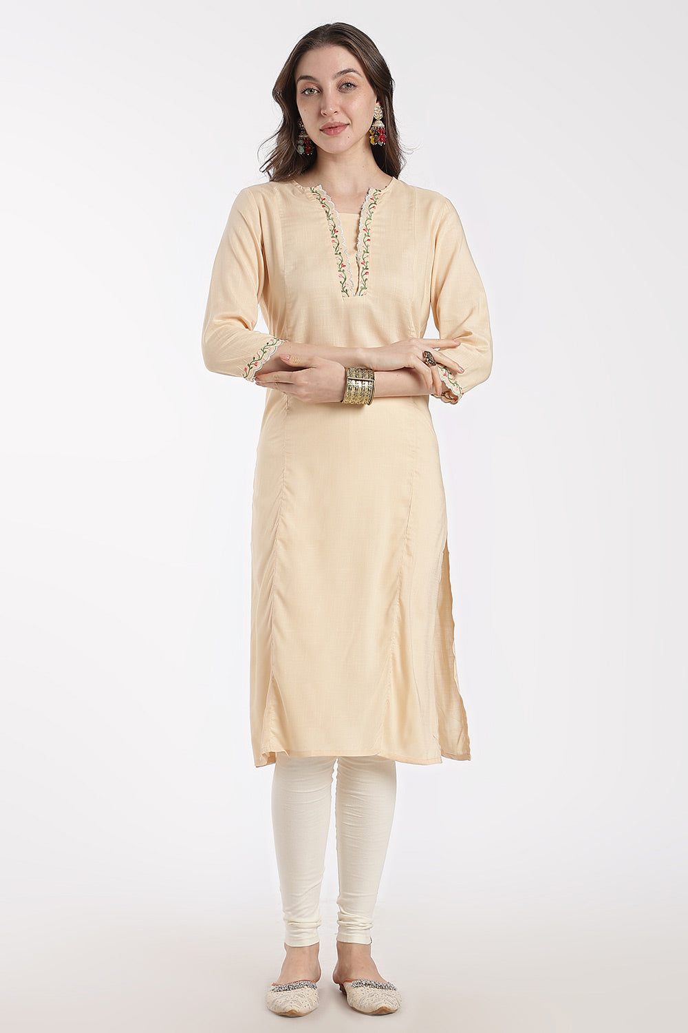 Mythri Women’s Rayon Embroidered Straight Kurti – V-Neck Scallop Edge Kurti for Women | Everyday Ethnic Kurti - RS02