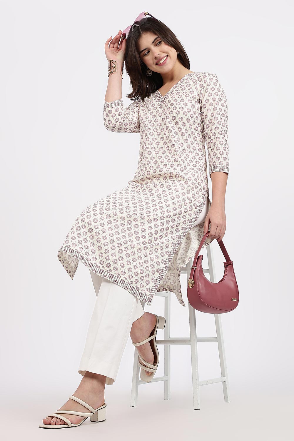 Mythri Women’s Straight Fit Cotton-Blend Kurthi | Crossover V-Neck, Embroidered Details & 3/4th Sleeves - K113