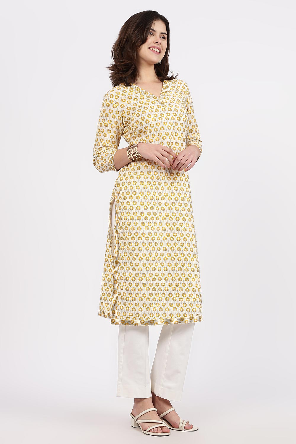 Mythri Women’s Straight Fit Cotton-Blend Kurthi | Crossover V-Neck, Embroidered Details & 3/4th Sleeves - K113