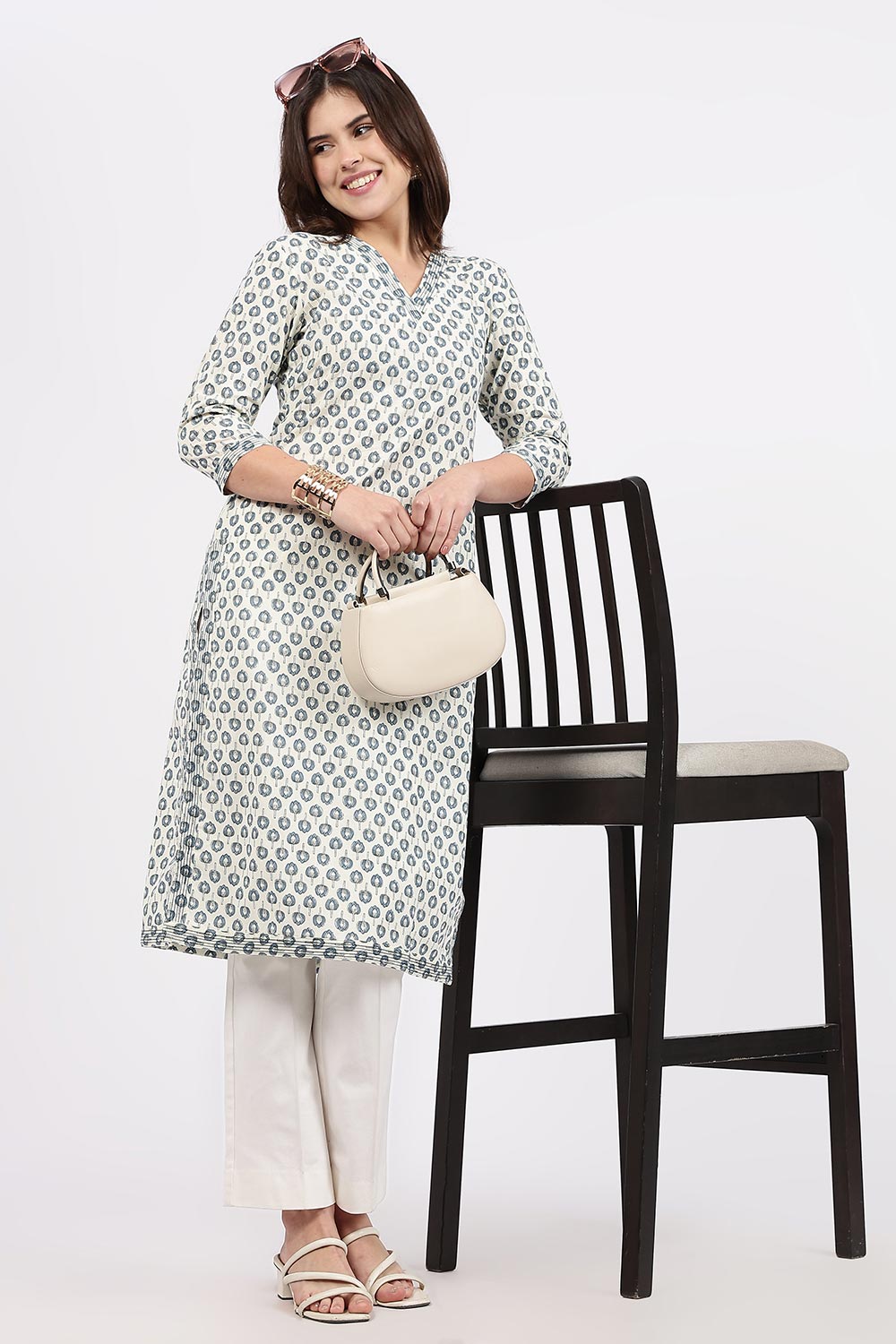 Mythri Women’s Straight Fit Cotton-Blend Kurthi | Crossover V-Neck, Embroidered Details & 3/4th Sleeves - K113