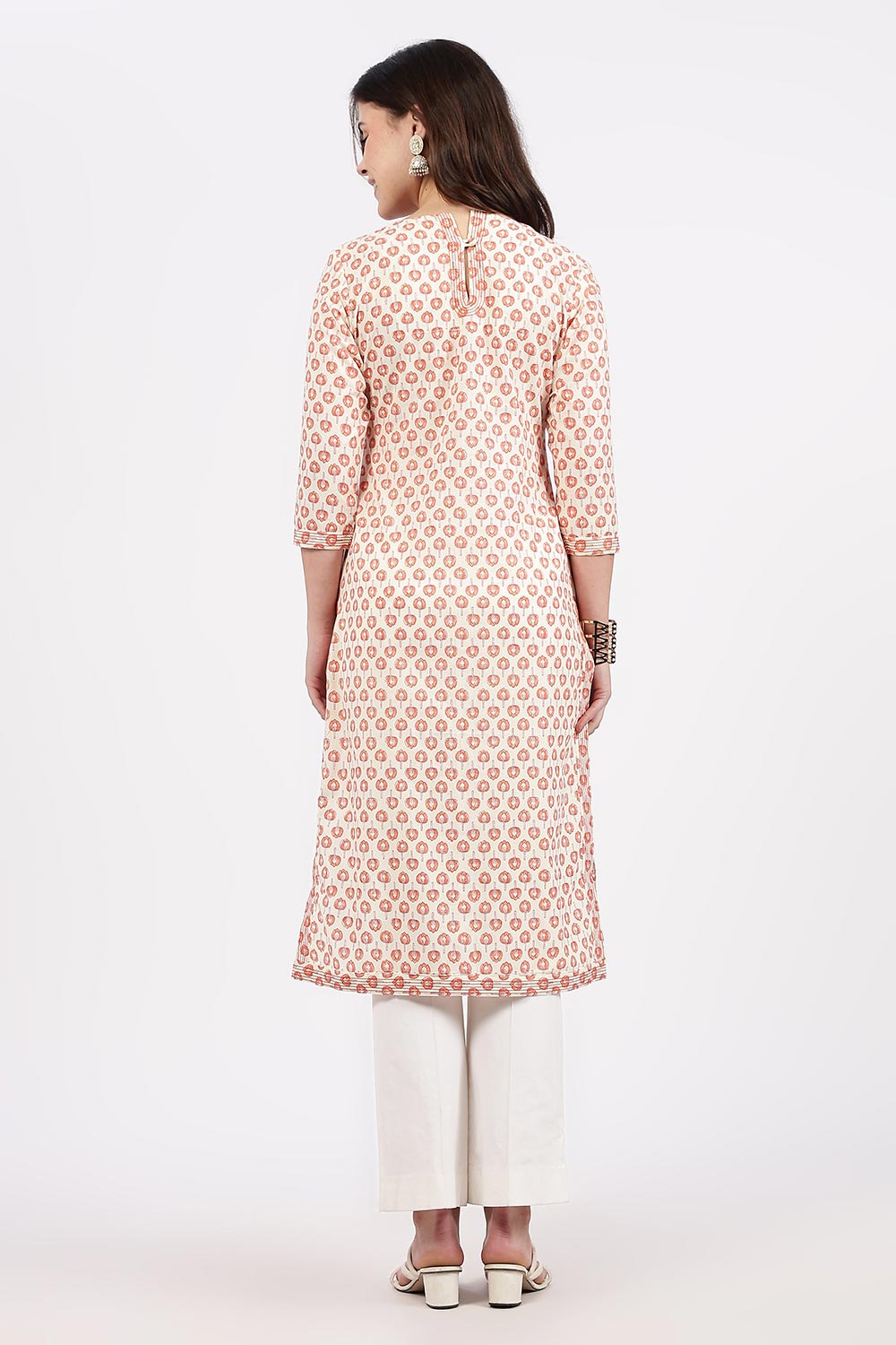 Mythri Women’s Straight Fit Cotton-Blend Kurthi | Crossover V-Neck, Embroidered Details & 3/4th Sleeves - K113