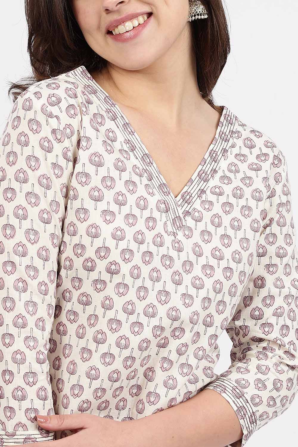 Mythri Women’s Straight Fit Cotton-Blend Kurthi | Crossover V-Neck, Embroidered Details & 3/4th Sleeves - K113