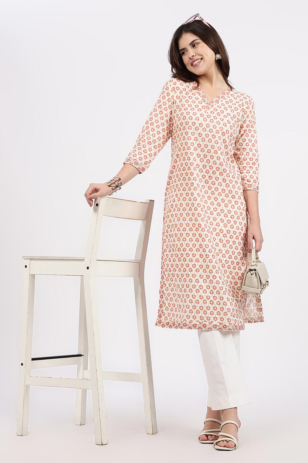 Mythri Women’s Straight Fit Cotton-Blend Kurthi | Crossover V-Neck, Embroidered Details & 3/4th Sleeves - K113