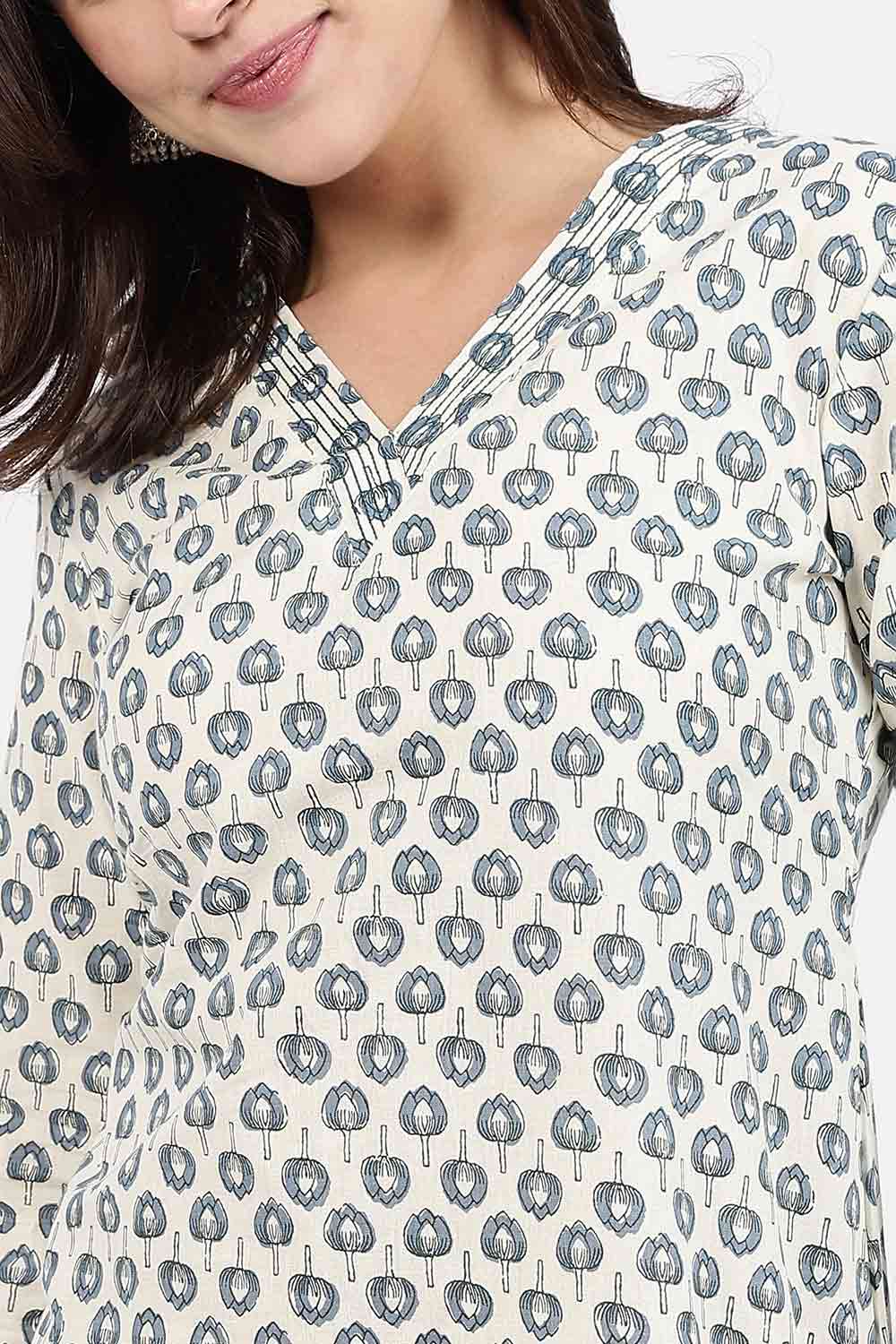 Mythri Women’s Straight Fit Cotton-Blend Kurthi | Crossover V-Neck, Embroidered Details & 3/4th Sleeves - K113