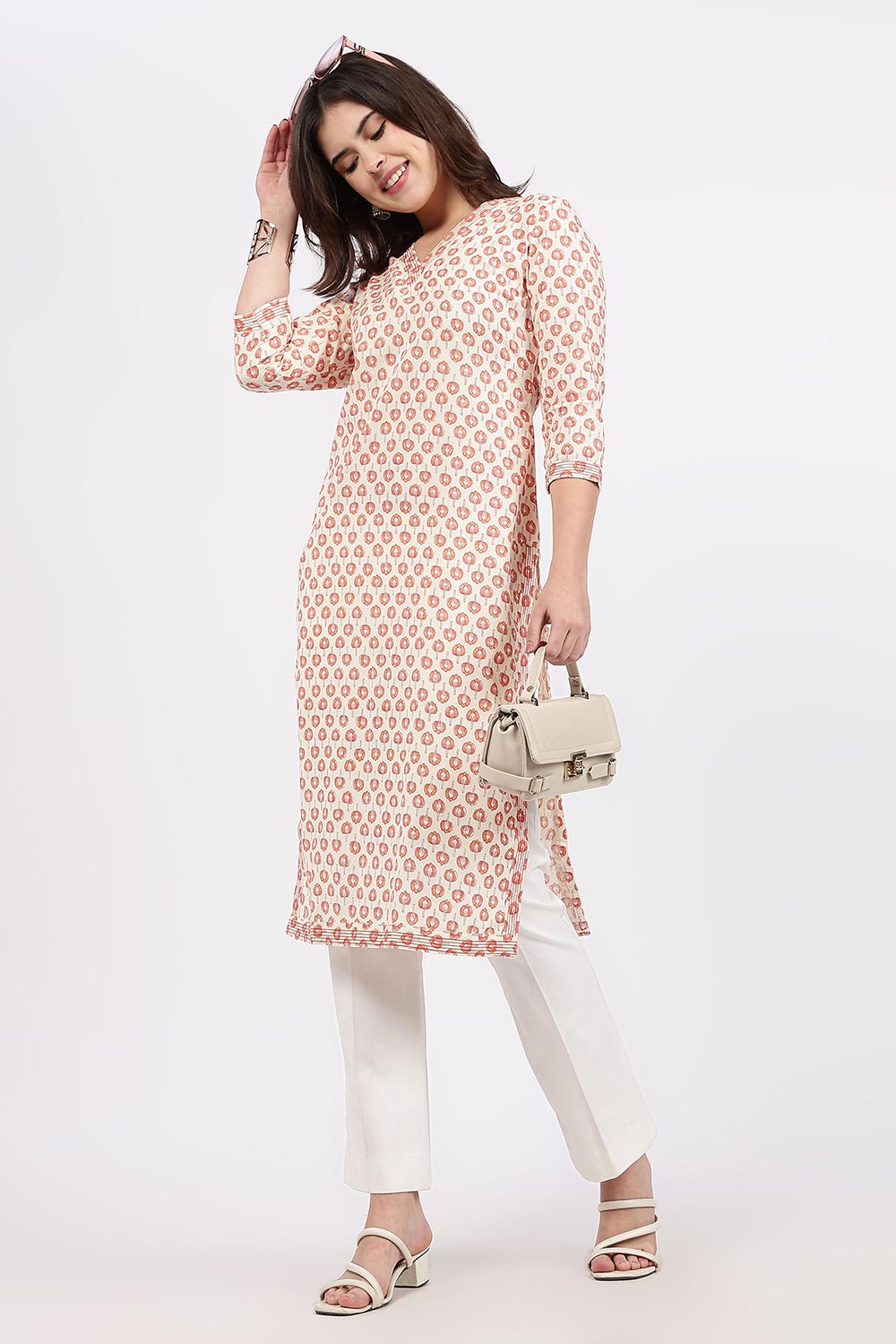 Mythri Women’s Straight Fit Cotton-Blend Kurthi | Crossover V-Neck, Embroidered Details & 3/4th Sleeves - K113