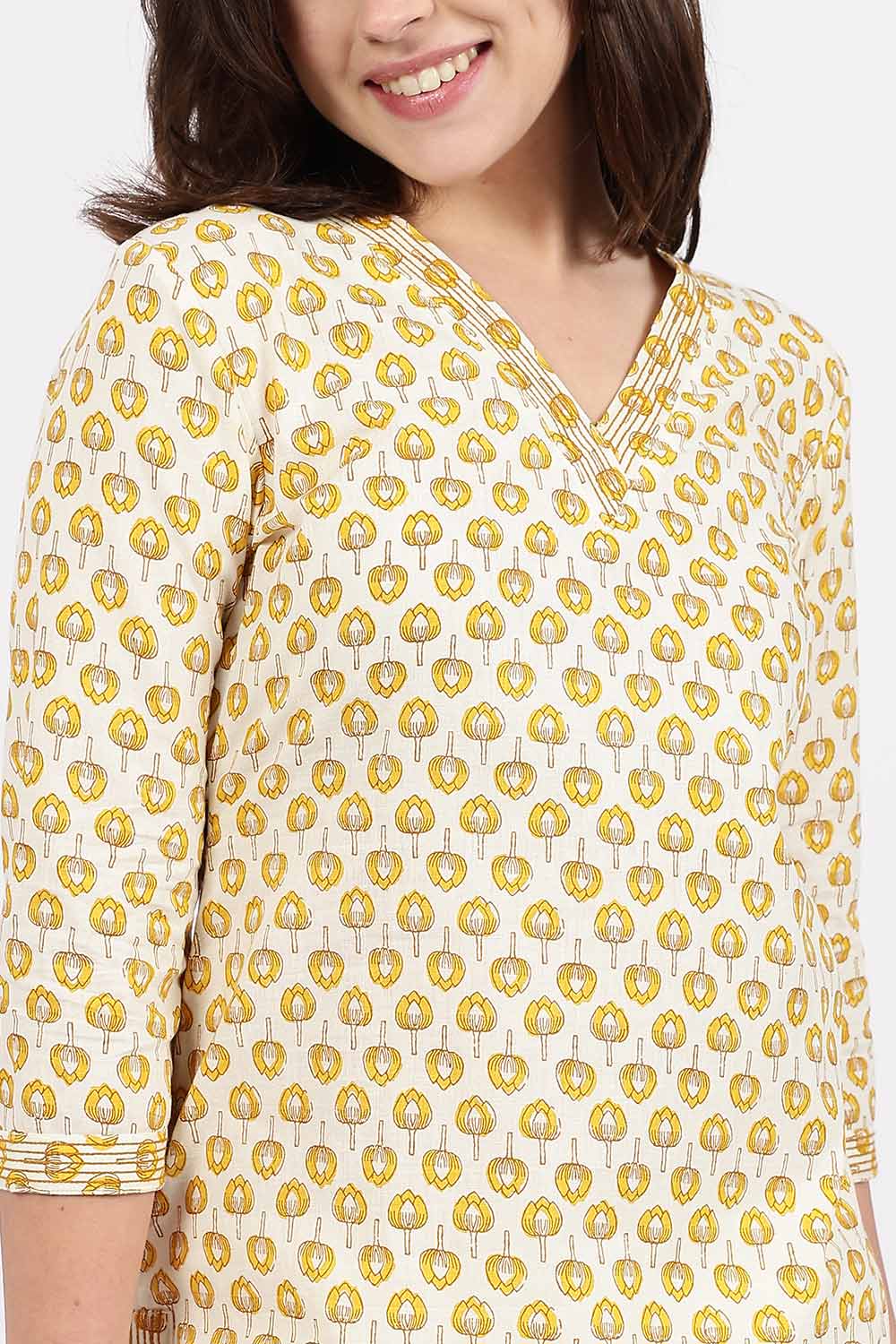 Mythri Women’s Straight Fit Cotton-Blend Kurthi | Crossover V-Neck, Embroidered Details & 3/4th Sleeves - K113