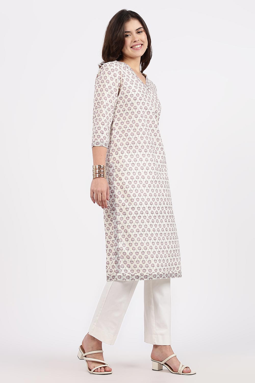 Mythri Women’s Straight Fit Cotton-Blend Kurthi | Crossover V-Neck, Embroidered Details & 3/4th Sleeves - K113