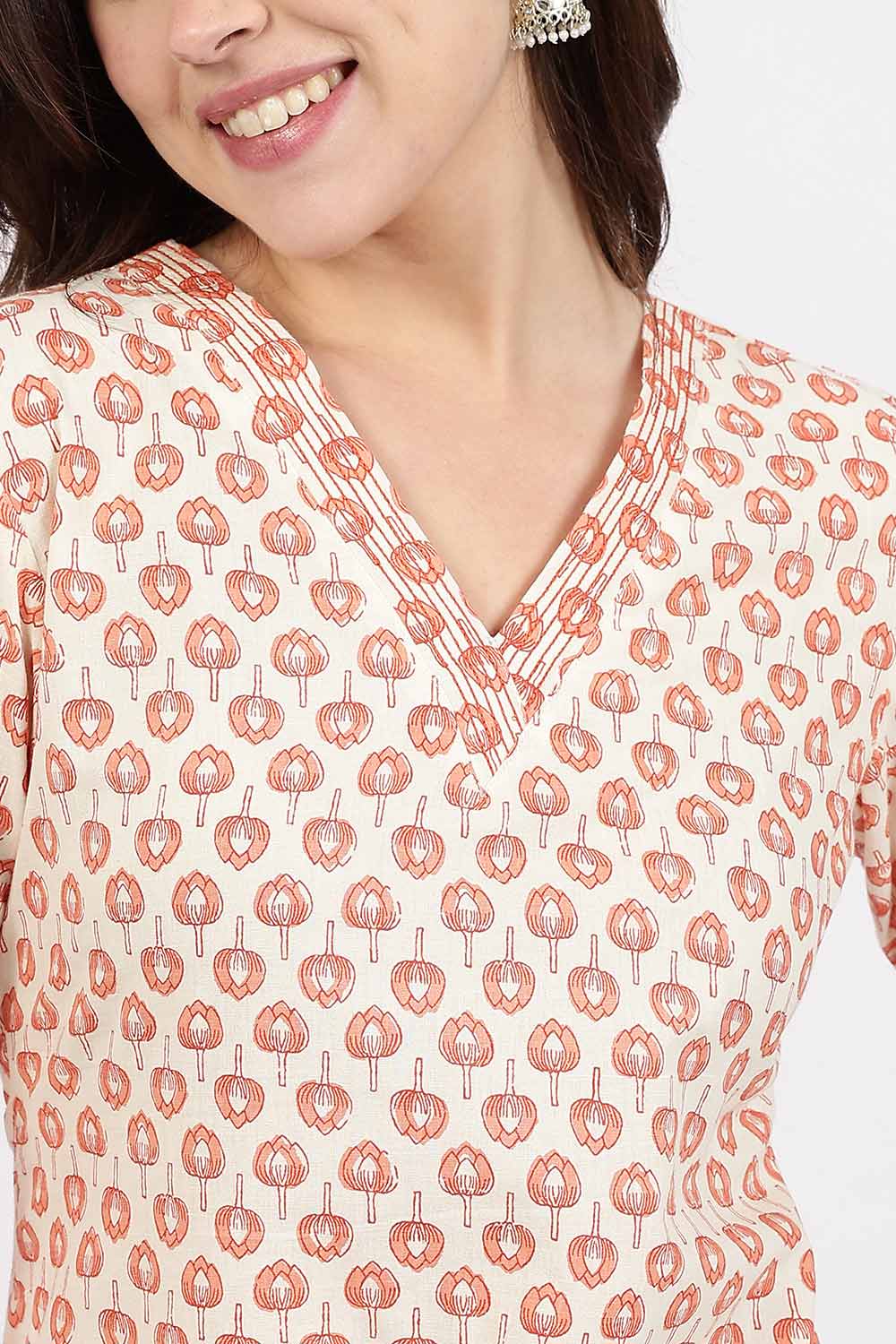 Mythri Women’s Straight Fit Cotton-Blend Kurthi | Crossover V-Neck, Embroidered Details & 3/4th Sleeves - K113