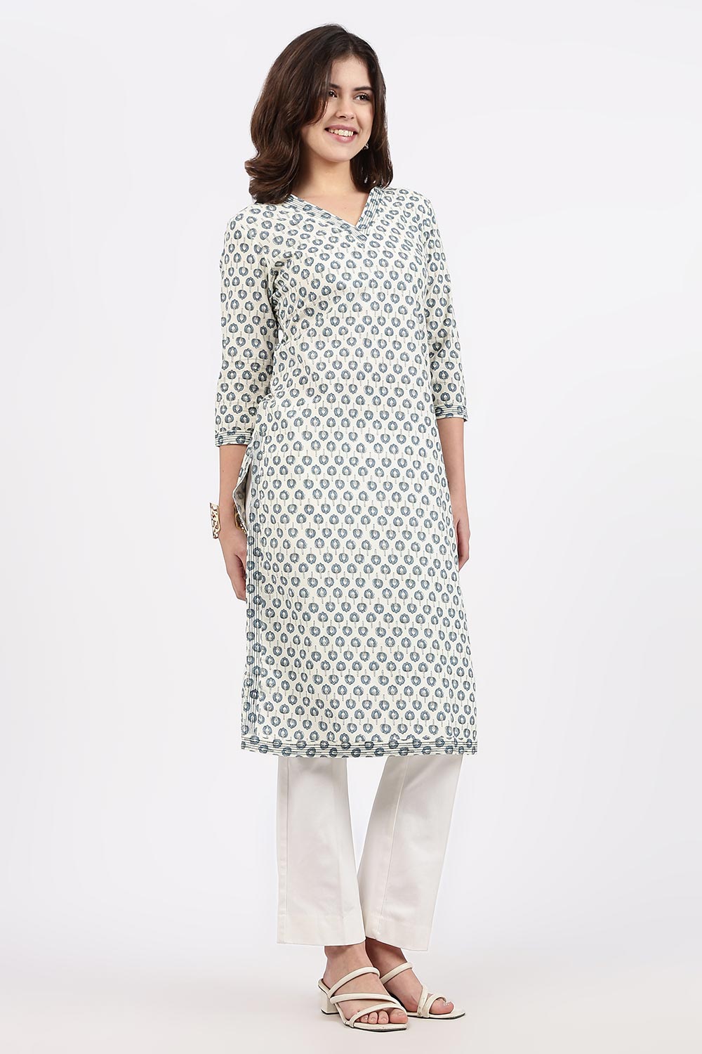 Mythri Women’s Straight Fit Cotton-Blend Kurthi | Crossover V-Neck, Embroidered Details & 3/4th Sleeves - K113