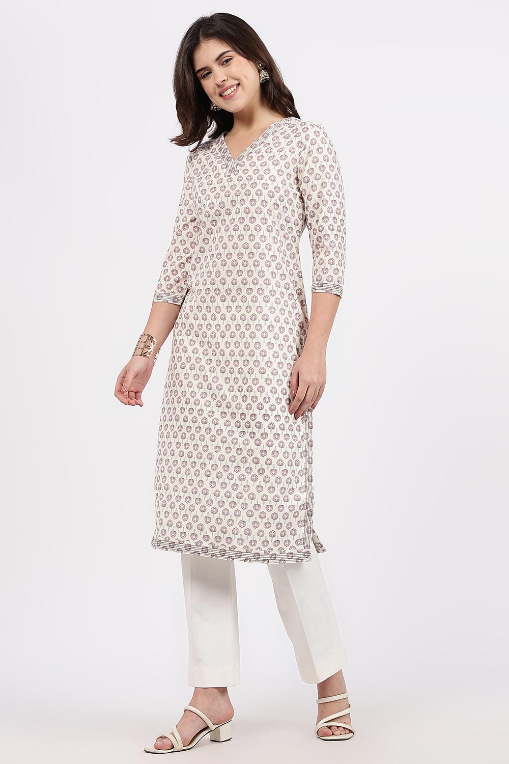 Mythri Women’s Straight Fit Cotton-Blend Kurthi | Crossover V-Neck, Embroidered Details & 3/4th Sleeves - K113