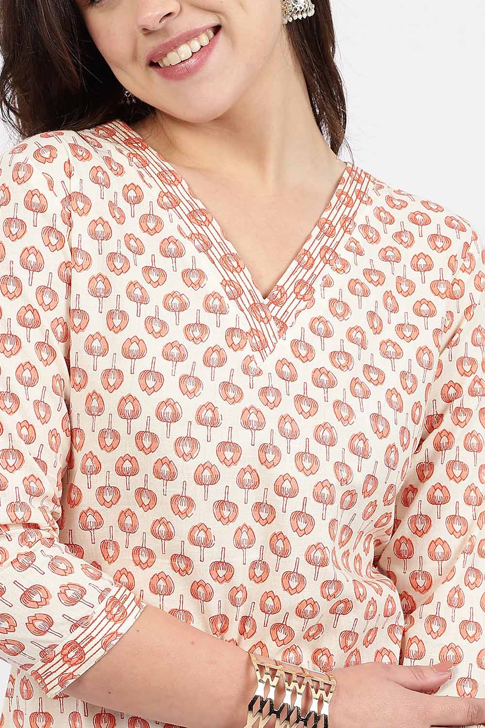 Mythri Women’s Straight Fit Cotton-Blend Kurthi | Crossover V-Neck, Embroidered Details & 3/4th Sleeves - K113