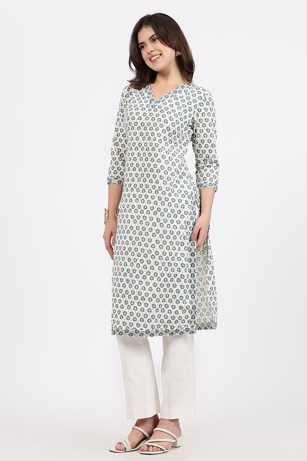Mythri Women’s Straight Fit Cotton-Blend Kurthi | Crossover V-Neck, Embroidered Details & 3/4th Sleeves - K113