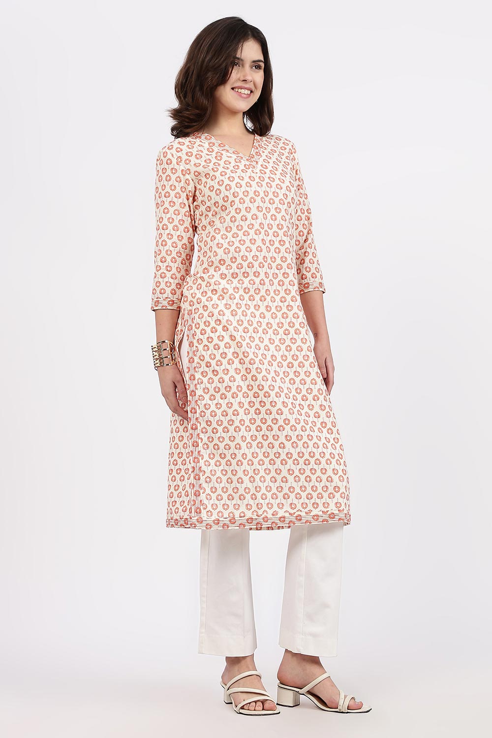 Mythri Women’s Straight Fit Cotton-Blend Kurthi | Crossover V-Neck, Embroidered Details & 3/4th Sleeves - K113