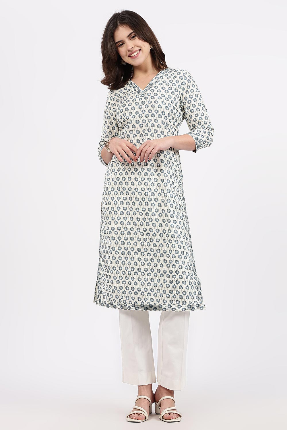 Mythri Women’s Straight Fit Cotton-Blend Kurthi | Crossover V-Neck, Embroidered Details & 3/4th Sleeves - K113