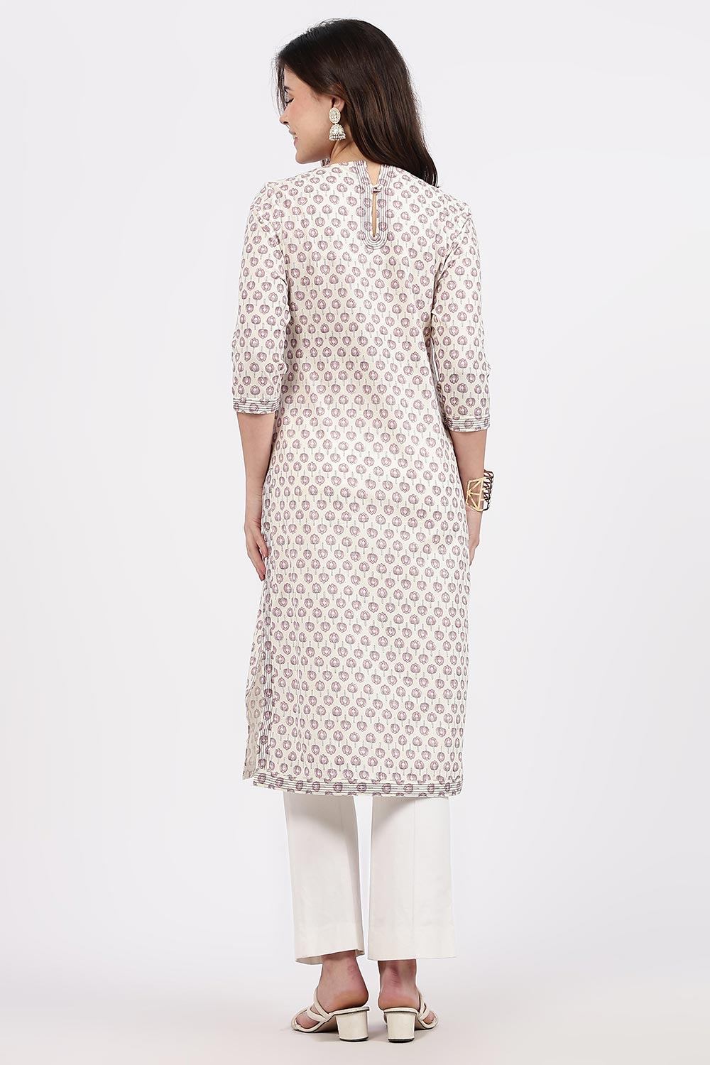 Mythri Women’s Straight Fit Cotton-Blend Kurthi | Crossover V-Neck, Embroidered Details & 3/4th Sleeves - K113