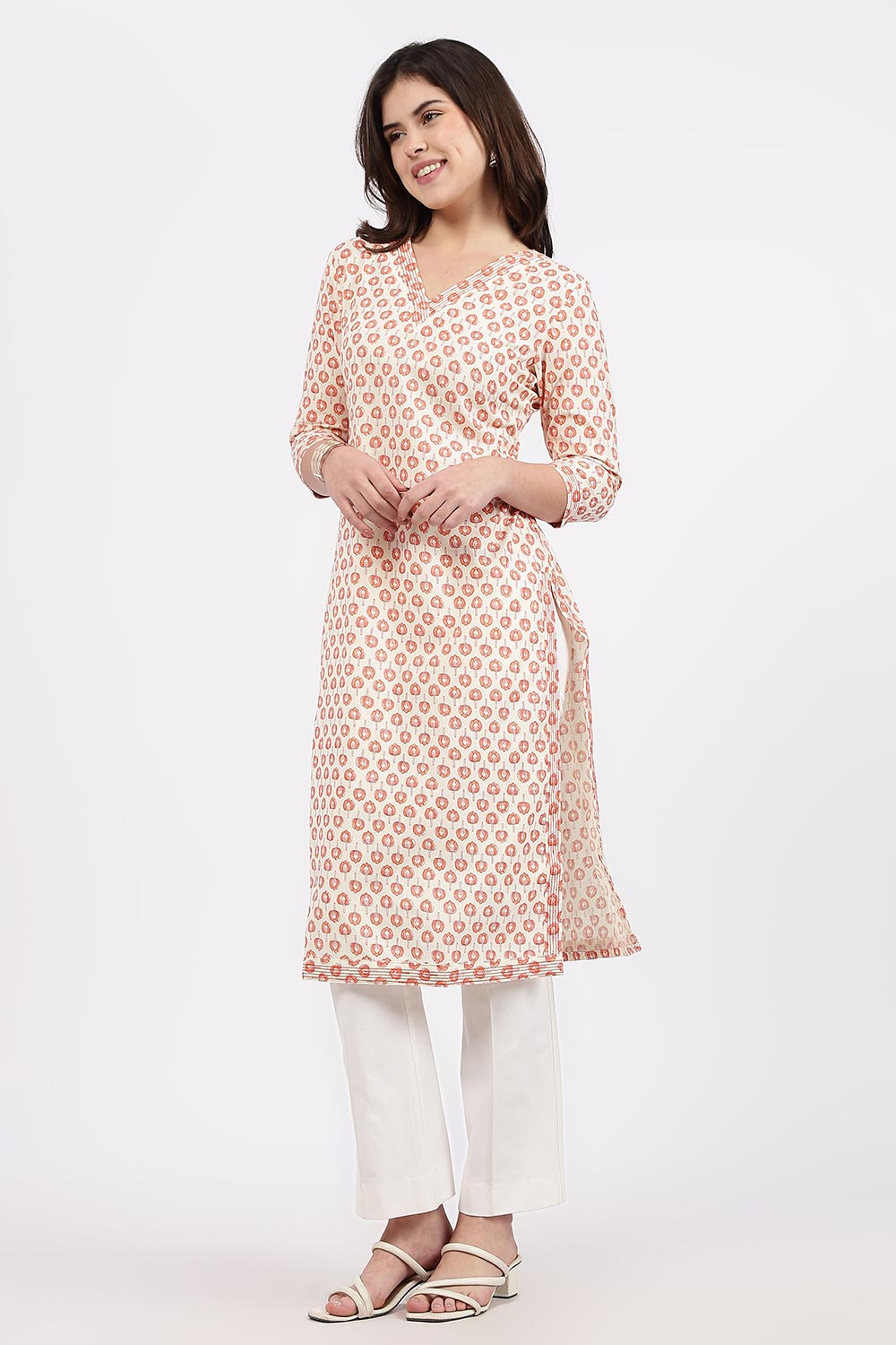 Mythri Women’s Straight Fit Cotton-Blend Kurthi | Crossover V-Neck, Embroidered Details & 3/4th Sleeves - K113