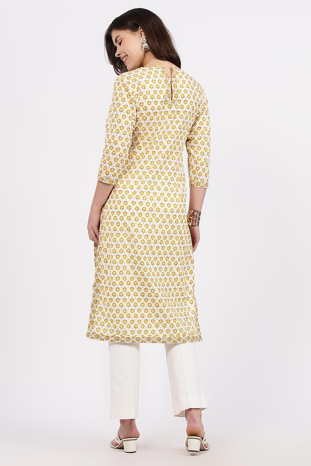 Mythri Women’s Straight Fit Cotton-Blend Kurthi | Crossover V-Neck, Embroidered Details & 3/4th Sleeves - K113