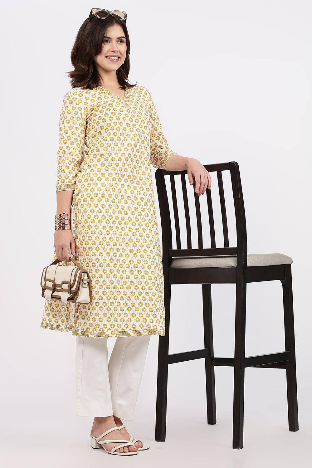 Mythri Women’s Straight Fit Cotton-Blend Kurthi | Crossover V-Neck, Embroidered Details & 3/4th Sleeves - K113