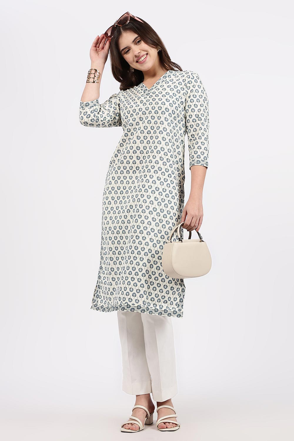 Mythri Women’s Straight Fit Cotton-Blend Kurthi | Crossover V-Neck, Embroidered Details & 3/4th Sleeves - K113