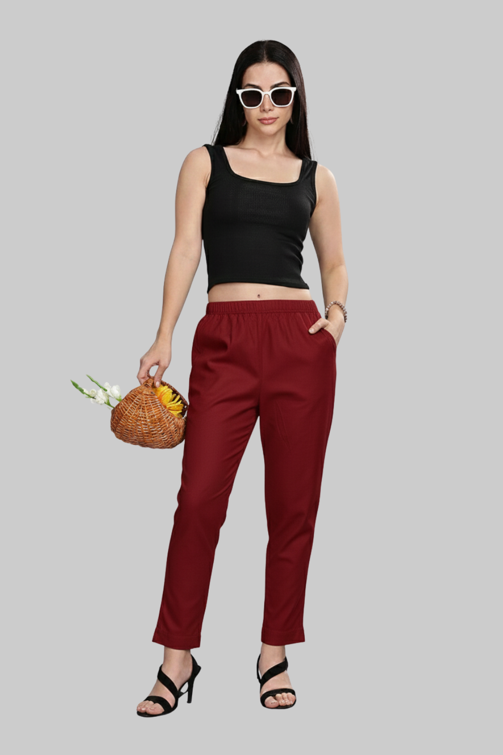 Mythri Women’s Straight Cotton-Blend Pants | Soft Handfeel, Drawstring Waist & Hem Slit - P002