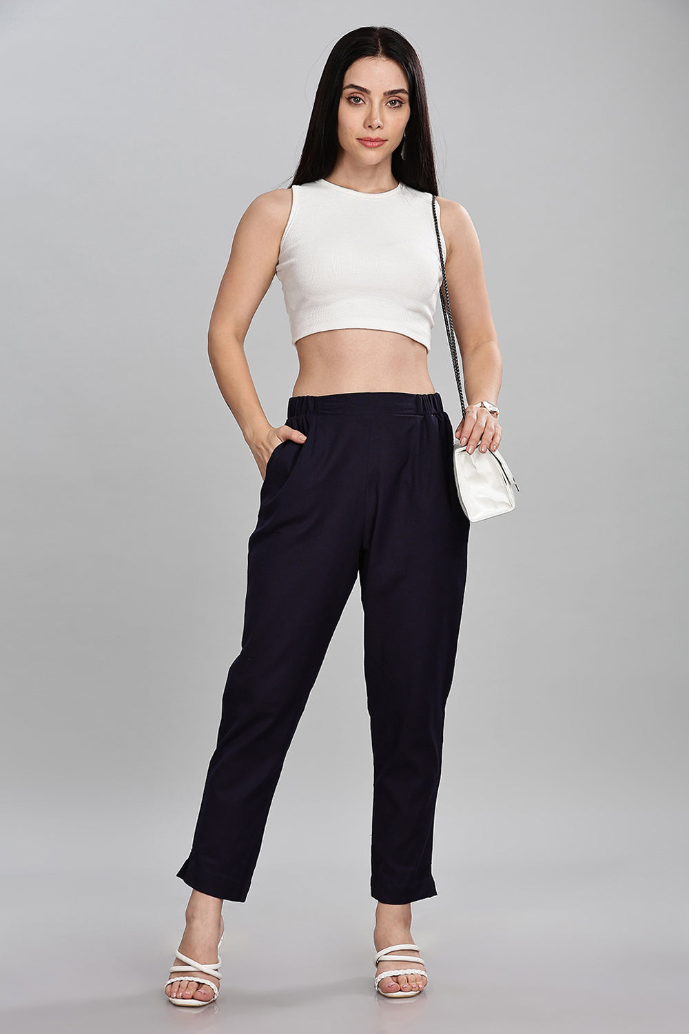 Mythri Women’s Straight Cotton-Blend Pants | Soft Handfeel, Drawstring Waist & Hem Slit - P002