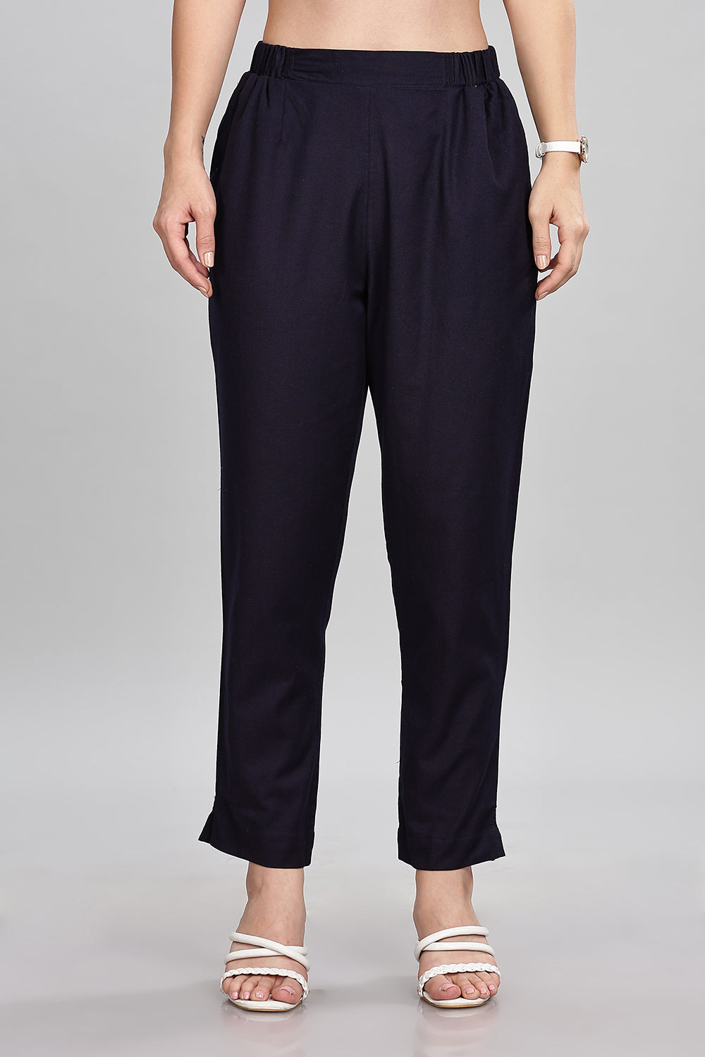 Mythri Women’s Straight Cotton-Blend Pants | Soft Handfeel, Drawstring Waist & Hem Slit - P002