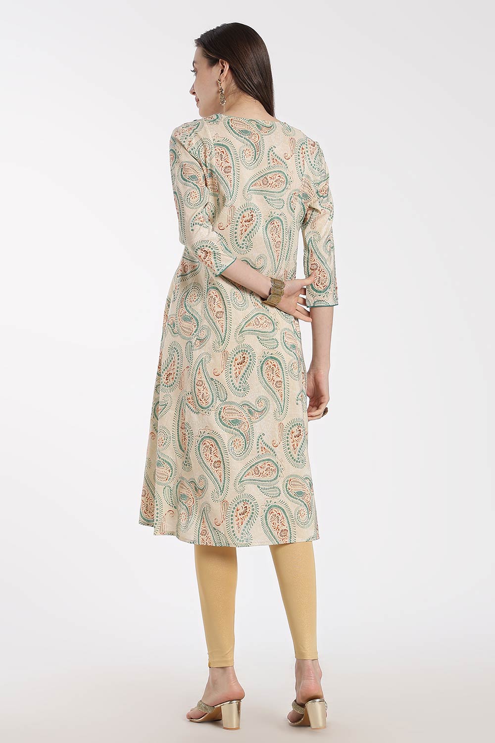 Mythri Women’s Cotton Chanderi Embroidered Kurti – Round Neck V-Notch 3/4 Sleeve Butta Print Ethnic Kurti for Women | Everyday Cotton Kurti - 1202