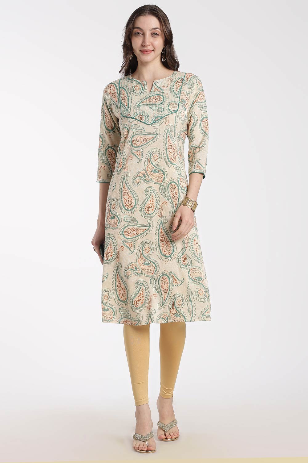 Mythri Women’s Cotton Chanderi Embroidered Kurti – Round Neck V-Notch 3/4 Sleeve Butta Print Ethnic Kurti for Women | Everyday Cotton Kurti - 1202