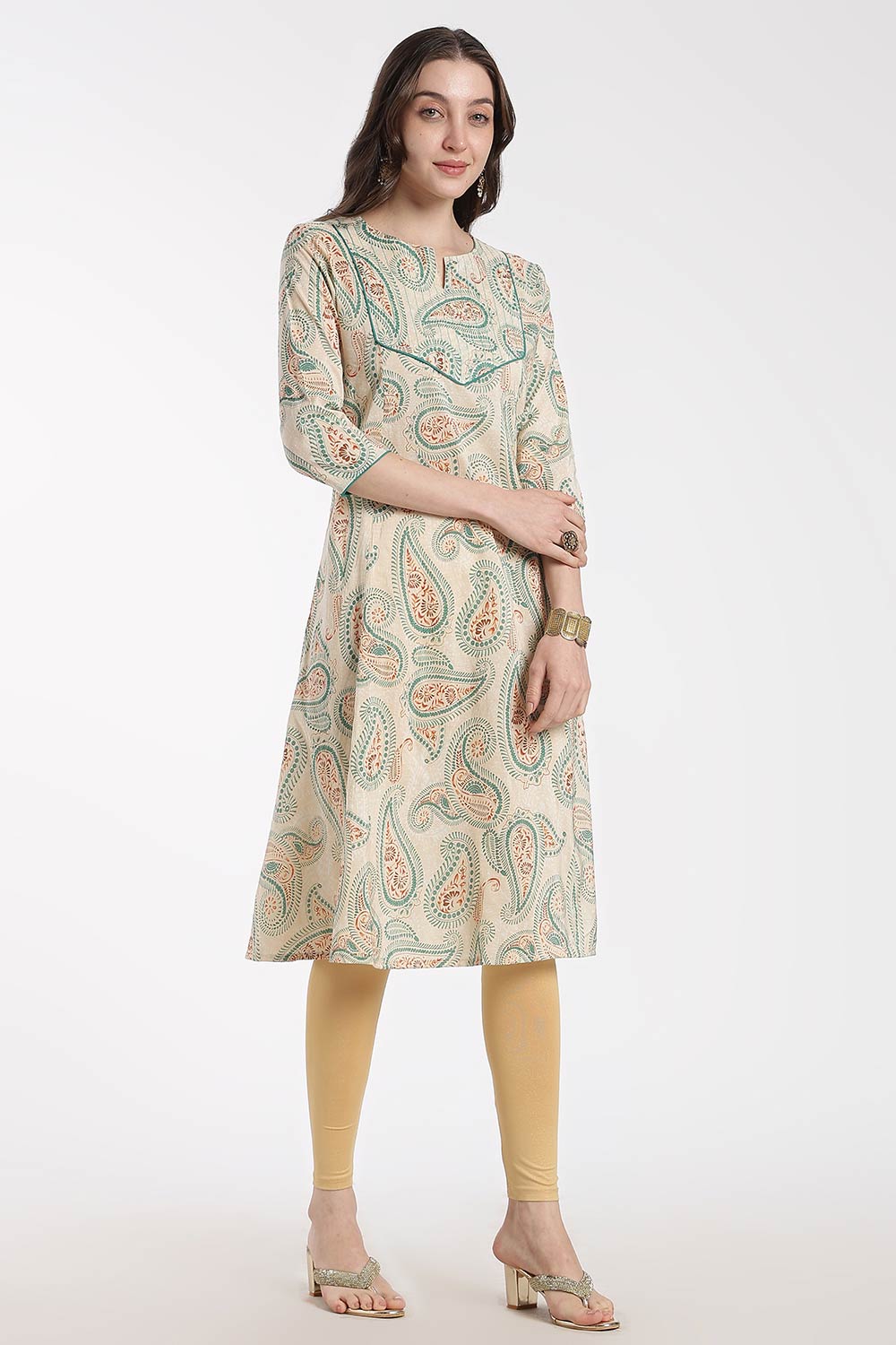 Mythri Women’s Cotton Chanderi Embroidered Kurti – Round Neck V-Notch 3/4 Sleeve Butta Print Ethnic Kurti for Women | Everyday Cotton Kurti - 1202