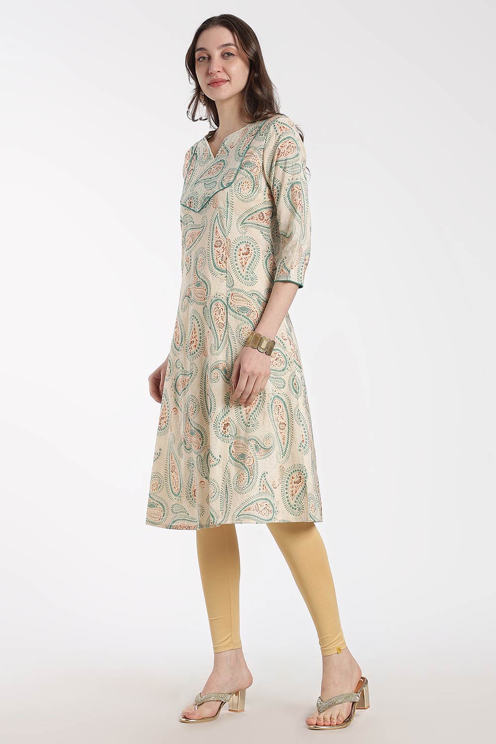 Mythri Women’s Cotton Chanderi Embroidered Kurti – Round Neck V-Notch 3/4 Sleeve Butta Print Ethnic Kurti for Women | Everyday Cotton Kurti - 1202