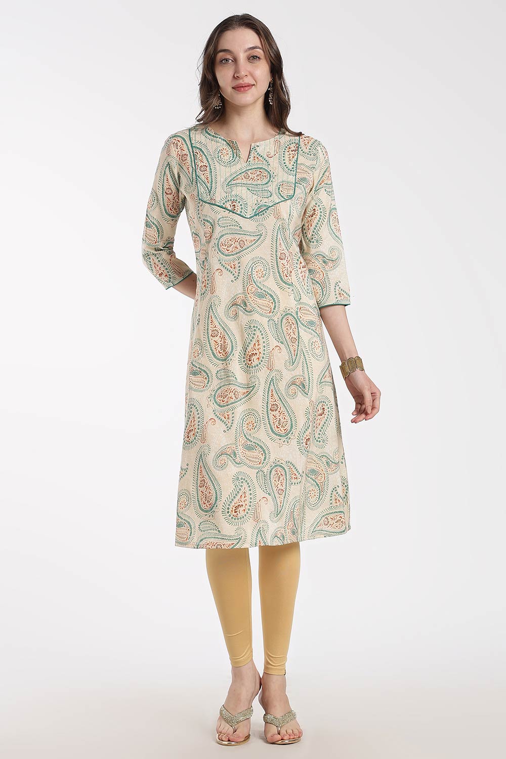 Mythri Women’s Cotton Chanderi Embroidered Kurti – Round Neck V-Notch 3/4 Sleeve Butta Print Ethnic Kurti for Women | Everyday Cotton Kurti - 1202