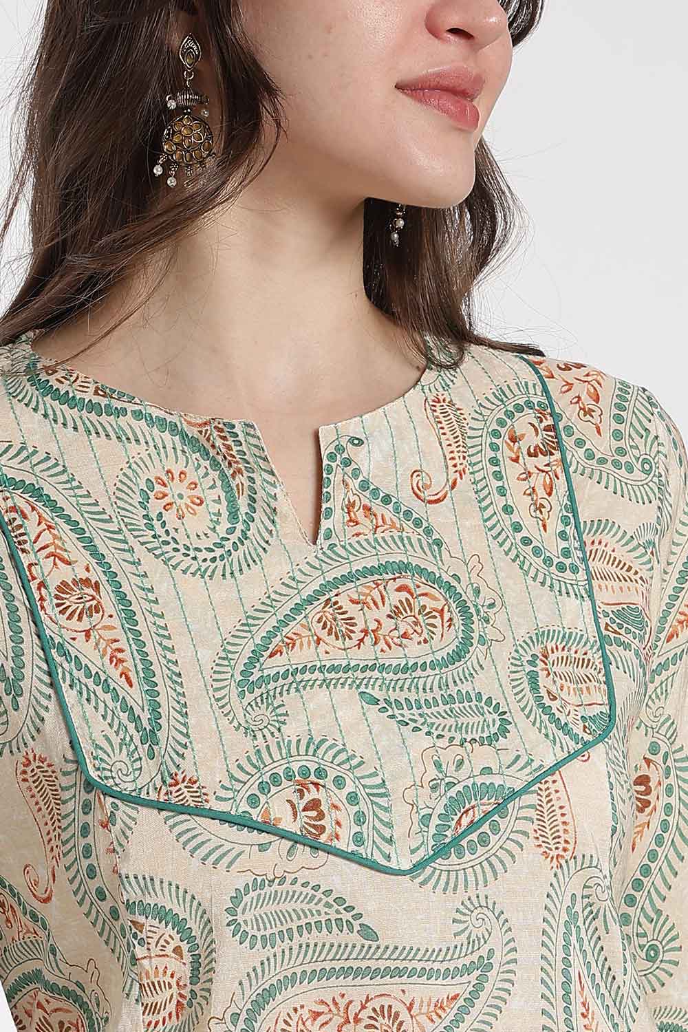 Mythri Women’s Cotton Chanderi Embroidered Kurti – Round Neck V-Notch 3/4 Sleeve Butta Print Ethnic Kurti for Women | Everyday Cotton Kurti - 1202