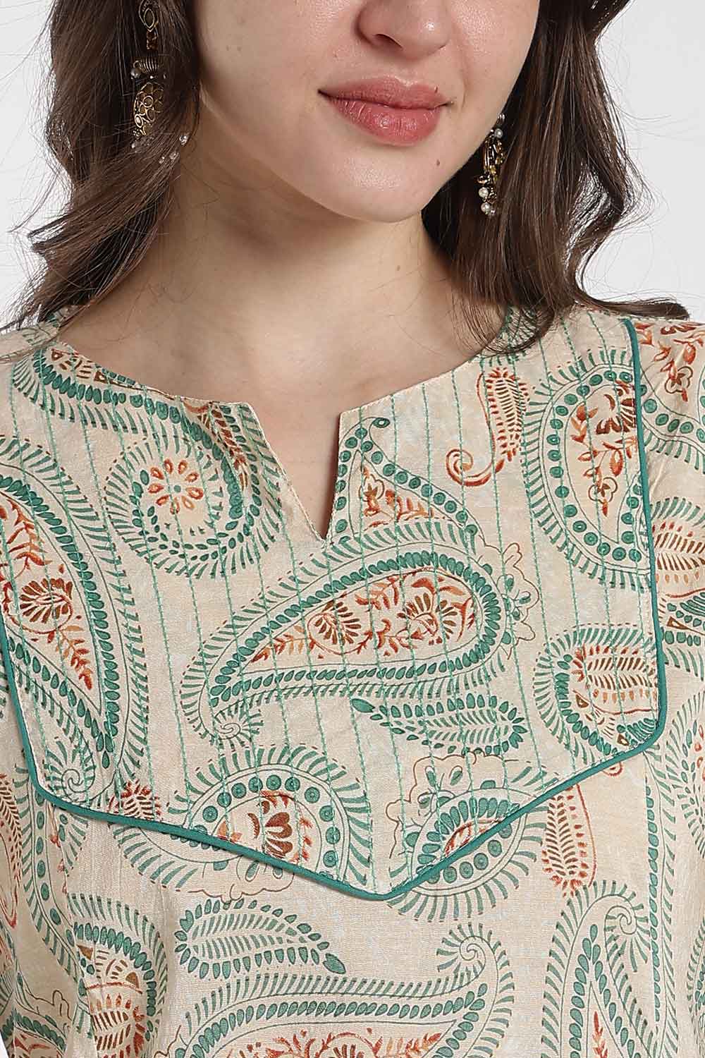 Mythri Women’s Cotton Chanderi Embroidered Kurti – Round Neck V-Notch 3/4 Sleeve Butta Print Ethnic Kurti for Women | Everyday Cotton Kurti - 1202