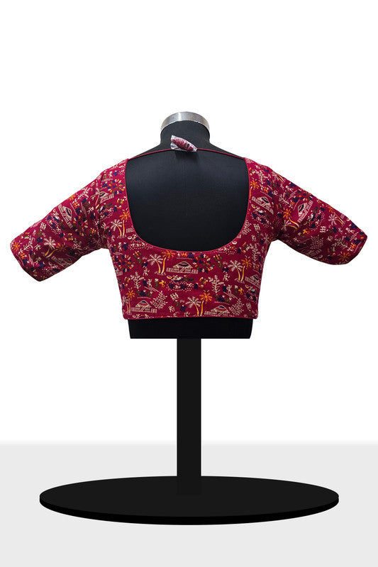 Women's Blouse Padded Cotton Blend Front Open Round Neck Princess Cut Elbow Sleeve Saree Blouse - Rani - 1623