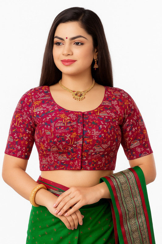 Women's Blouse Padded Cotton Blend Front Open Round Neck Princess Cut Elbow Sleeve Saree Blouse - Rani - 1623