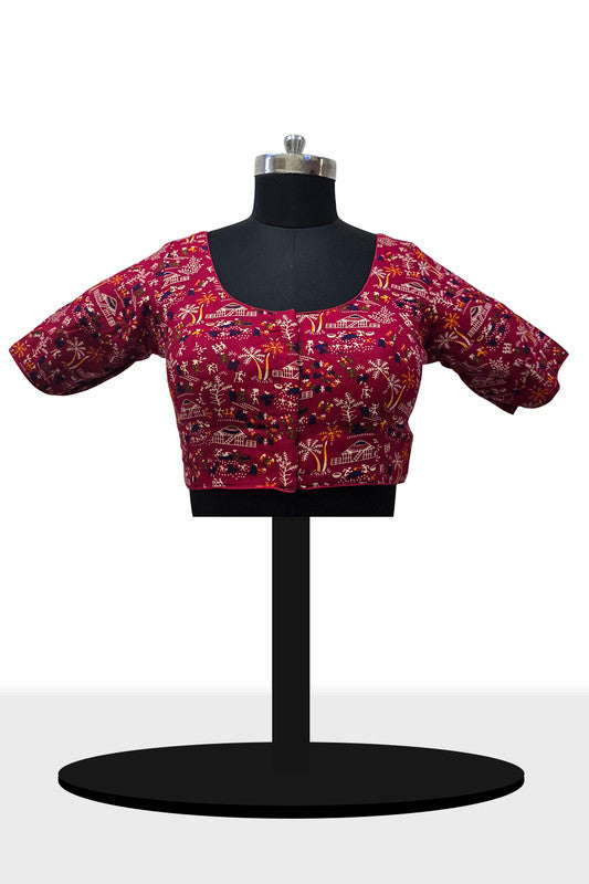 Women's Blouse Padded Cotton Blend Front Open Round Neck Princess Cut Elbow Sleeve Saree Blouse - Rani - 1623