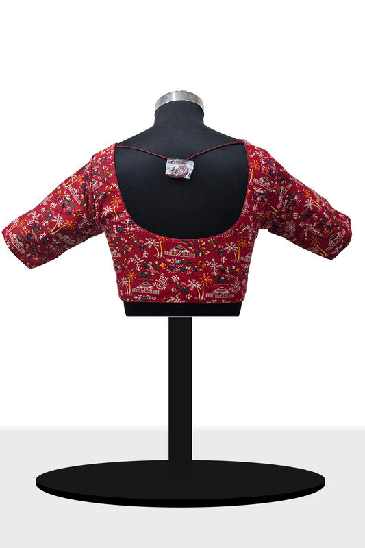 Women’s Blouse Padded Cotton Blend Front Open Round Neck Princess Cut Elbow Sleeve Saree Blouse - Maroon - 1623