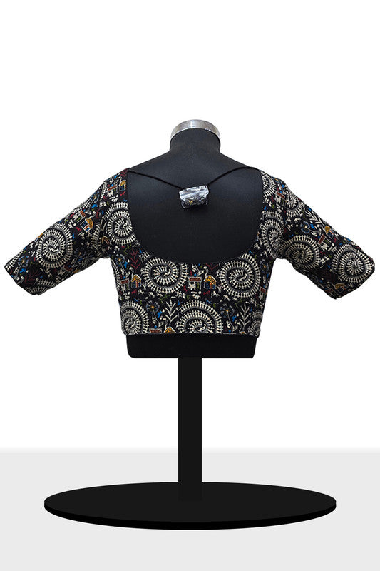 Women's Blouse Padded Cotton Blend Front Open Saree Blouse with Round Neck Princess Cut and Elbow Sleeves - Black - 1623