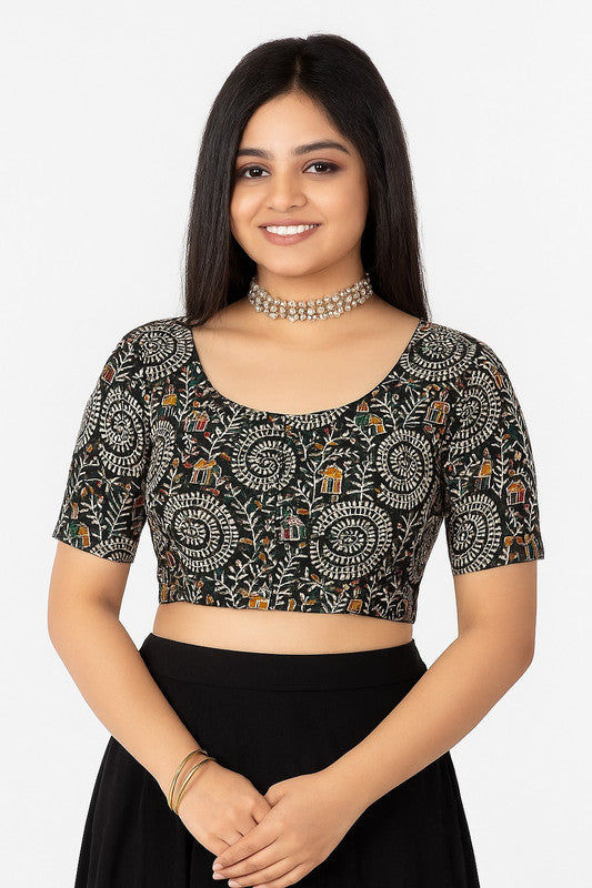 Women's Blouse Padded Cotton Blend Front Open Saree Blouse with Round Neck Princess Cut and Elbow Sleeves - Black - 1623