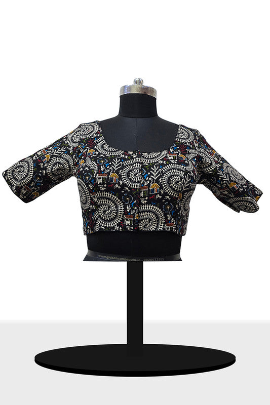 Women's Blouse Padded Cotton Blend Front Open Saree Blouse with Round Neck Princess Cut and Elbow Sleeves - Black - 1623